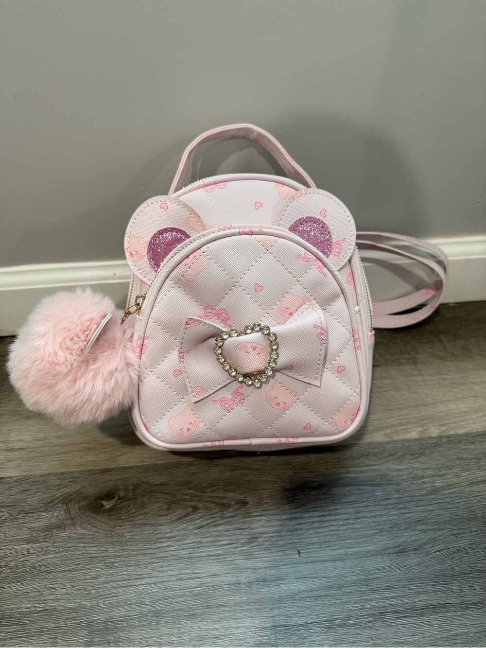 Othr Pink Quilted Teddy Mini Backpack with Pom Pom